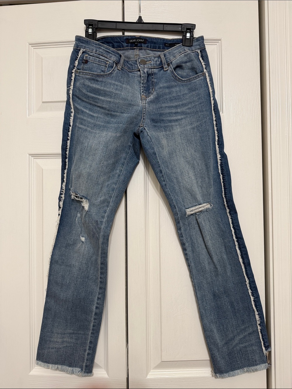 Dear John Light Blue Distressed Straight-Leg Jeans with Side Stripe